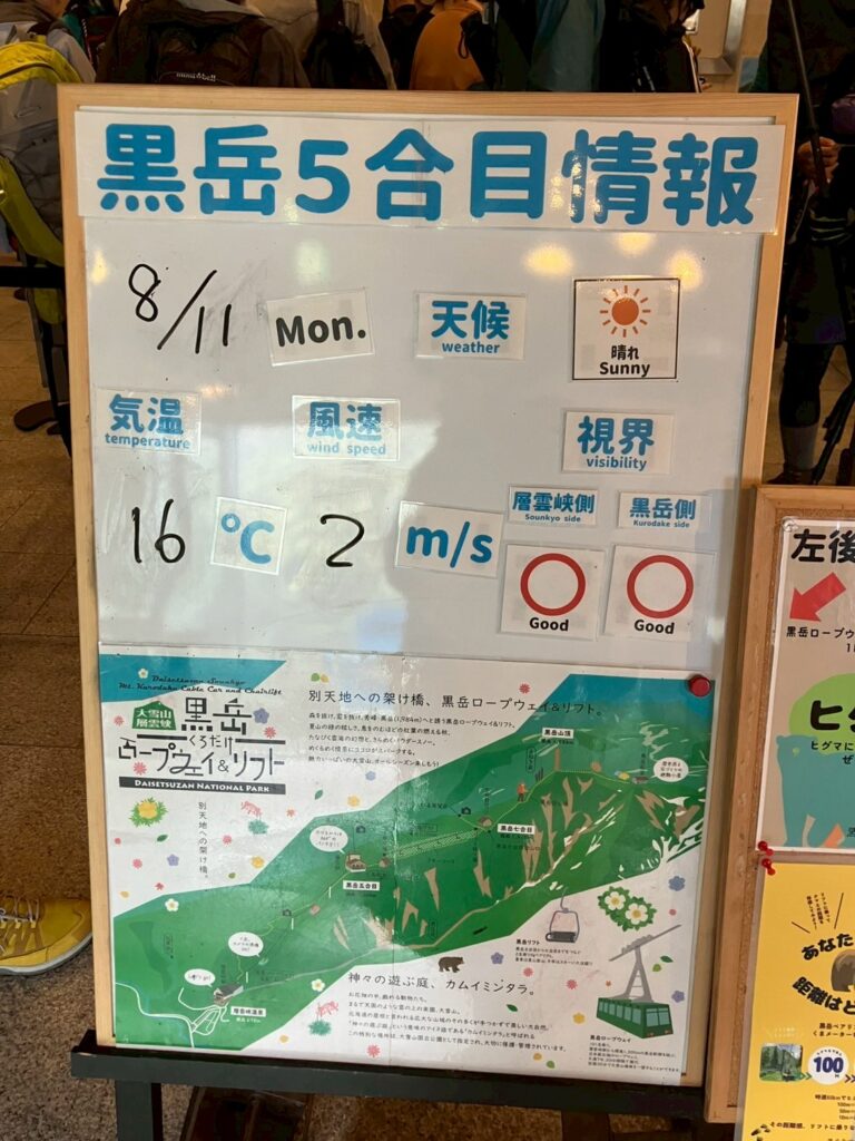 層雲峡駅で情報をチェック。午後には曇りに変わっていました。