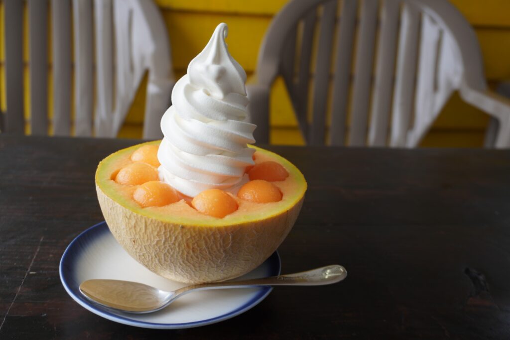 メロンだけだと飽きるけど、ソフトクリームの甘さとよく合う◎
