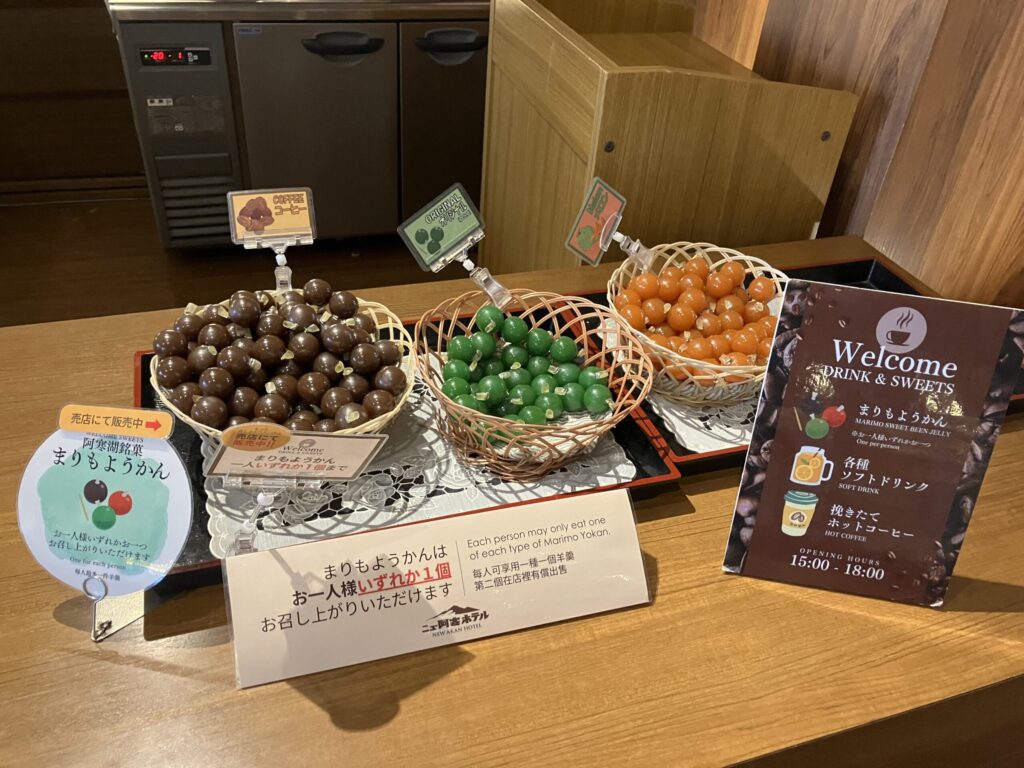 ウェルカムスペースに置かれているマリモ羊羹。甘くておいしかったです!