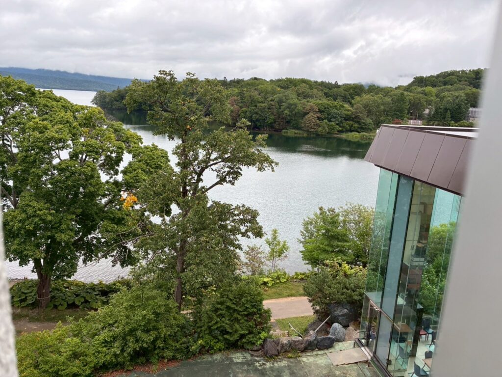窓から湖が良く見えます。天気が悪いです。